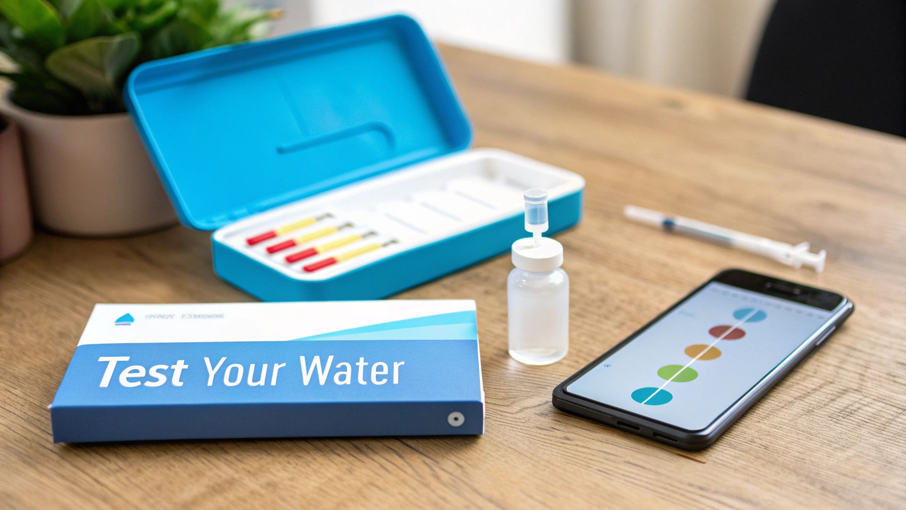 A water quality testing kit on a wooden table, featuring a blue box, test tubes, a bottle, a syringe, and a smartphone displaying colorful results, alongside a box labeled 'Test Your Water'.