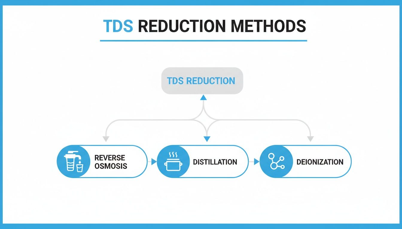Flowchart illustrating three methods for TDS reduction: reverse osmosis, distillation, and deionization.