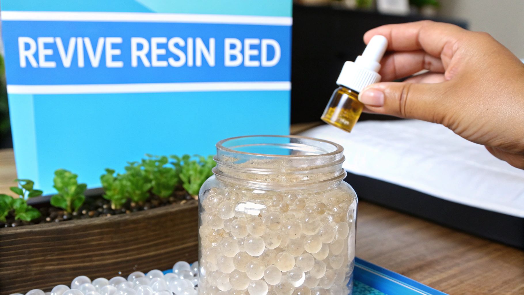 A close-up view of water softener resin beads