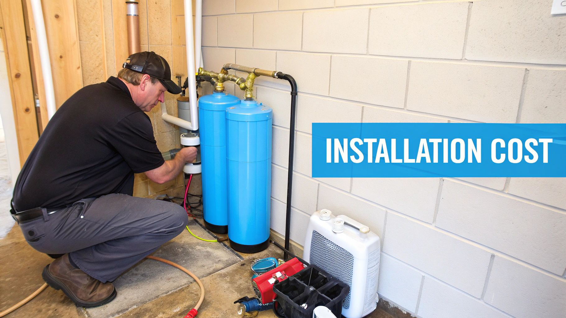 A man in a cap installing a blue whole-house water filtration system, with 'INSTALLATION COST' overlay.