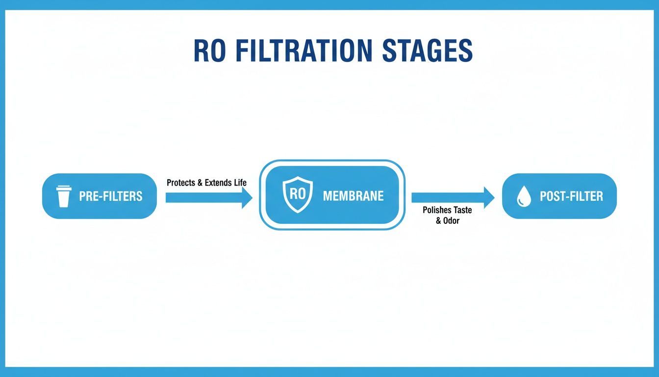 Diagram illustrating the three stages of RO filtration: pre-filters, RO membrane, and post-filter.