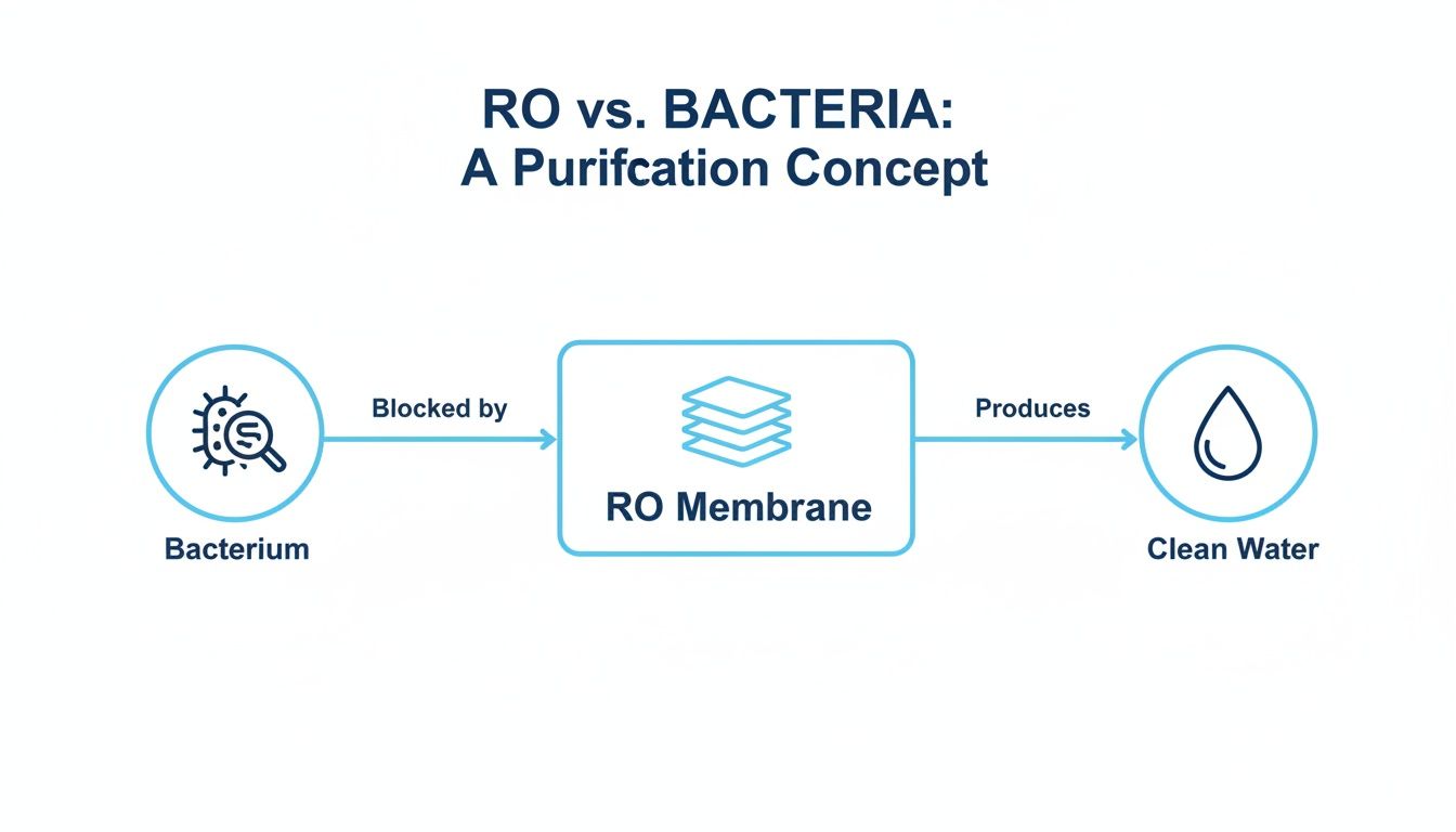 A diagram illustrating how an RO membrane blocks bacteria to produce clean water.