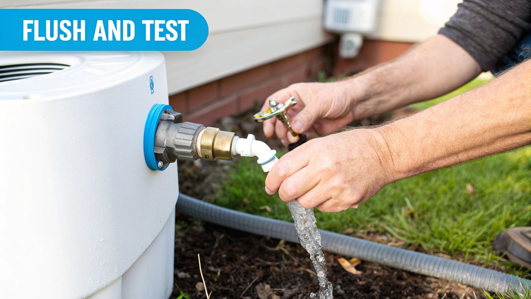 A person flushes water from an outdoor whole-house water filter unit into the grass.