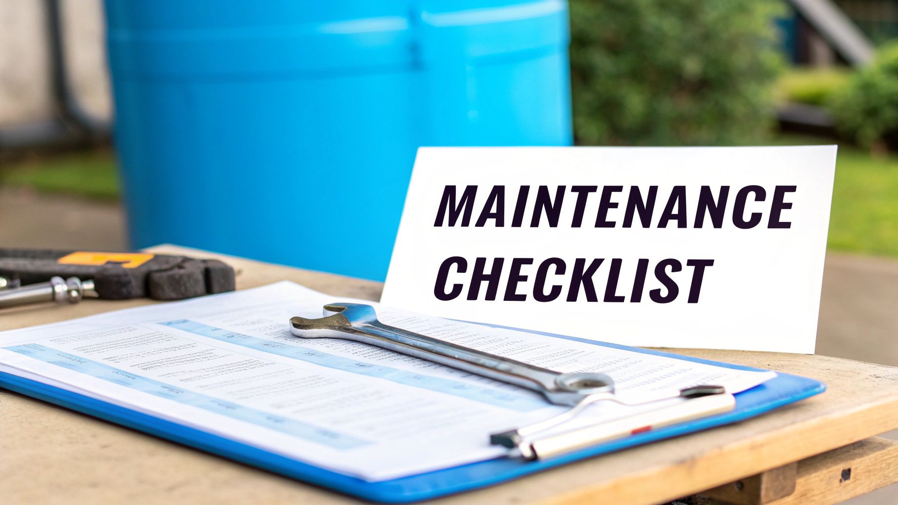 A white sign displays 'MAINTENANCE CHECKLIST' beside a clipboard with papers, a wrench, and tools.