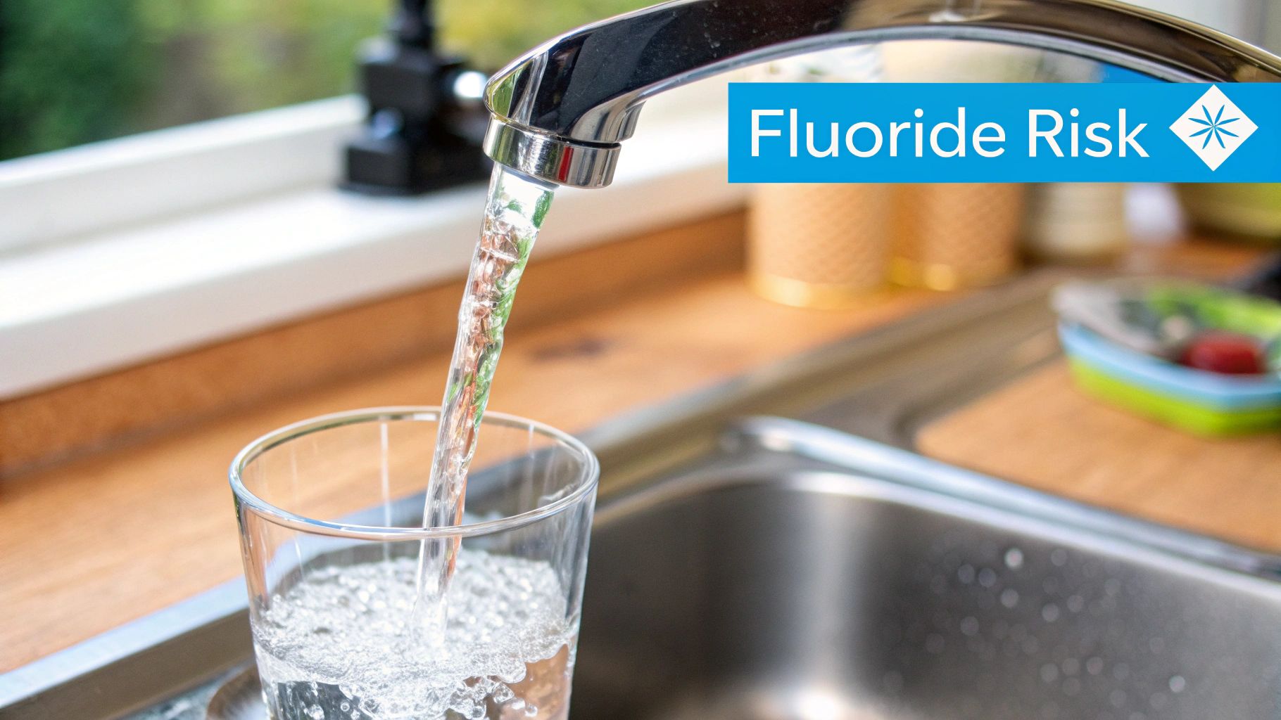 A person pouring a glass of clean water from a kitchen faucet, representing home water filtration.