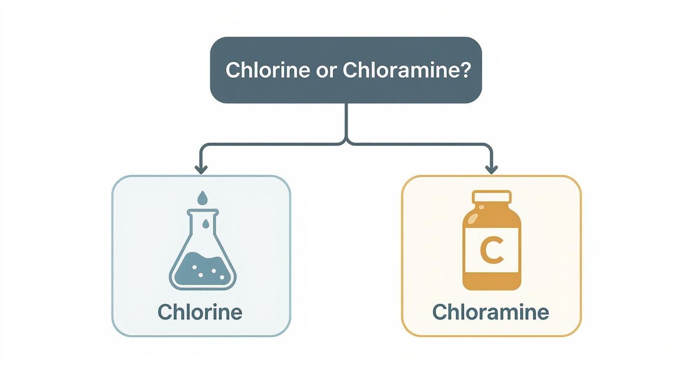 Diagram comparing chlorine chemical compound with flask and chloramine supplement bottle with letter C