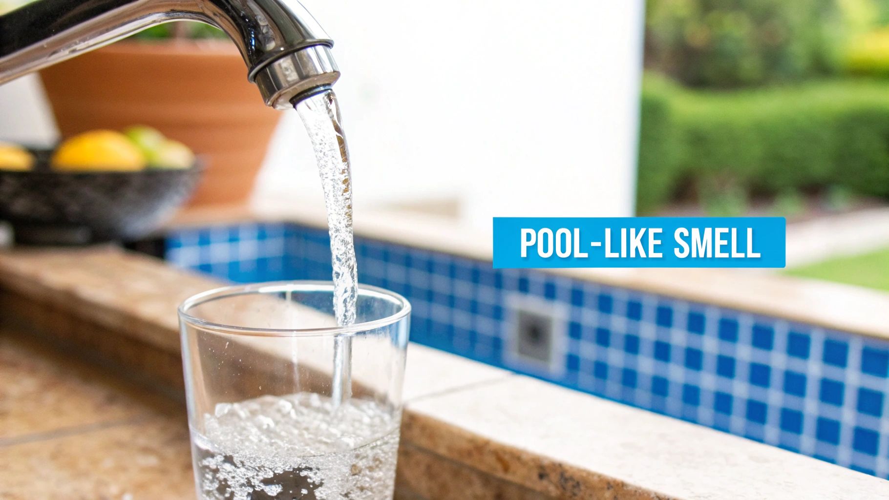 A glass of tap water being filled from a modern kitchen faucet.