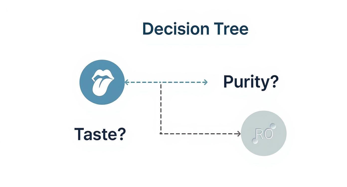 Decision tree diagram comparing filtered water and reverse osmosis by taste and purity factors