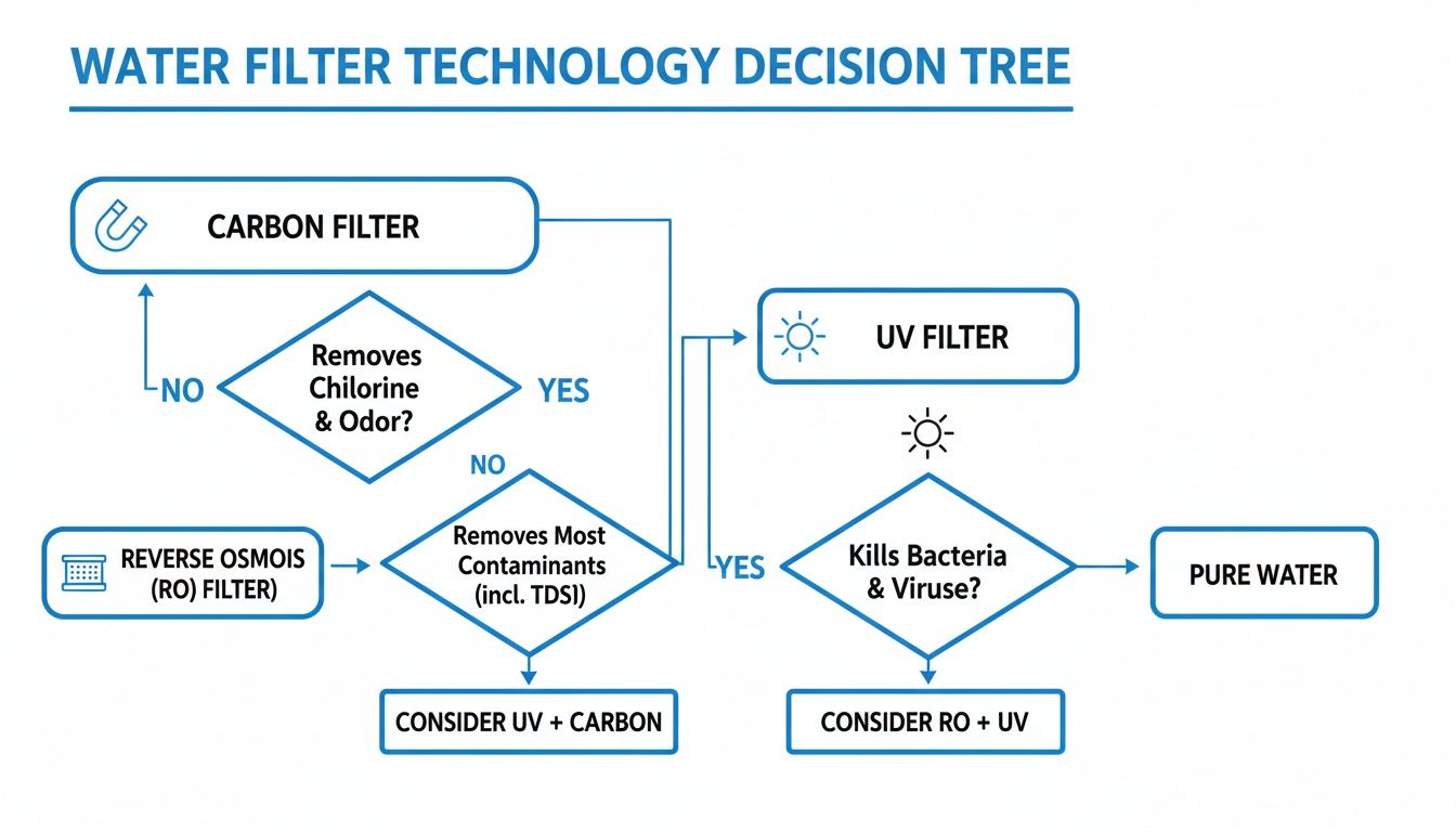 A decision tree flowchart for selecting water filter technology based on contaminant removal needs.