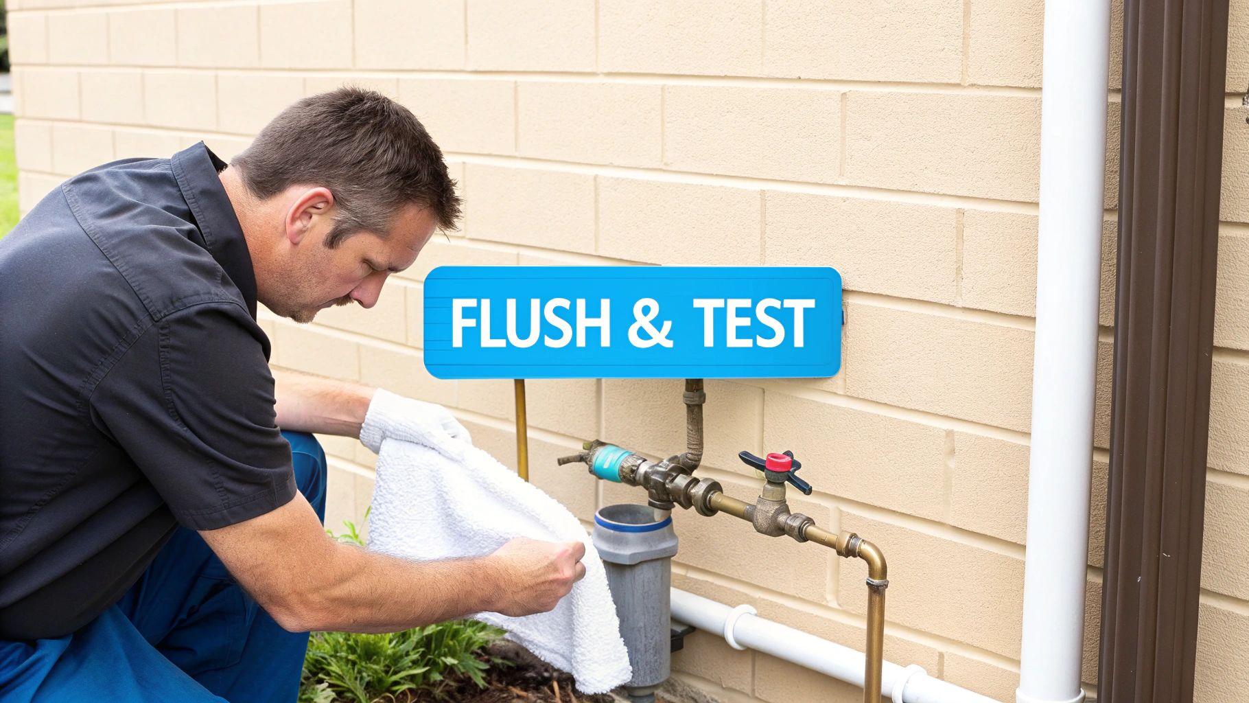A man in a blue shirt inspecting an outdoor water filtration system on a house wall.