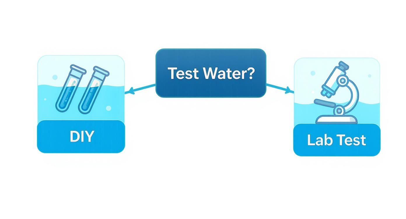 Flowchart showing two options for water testing: DIY with test tubes and professional lab test with a microscope.