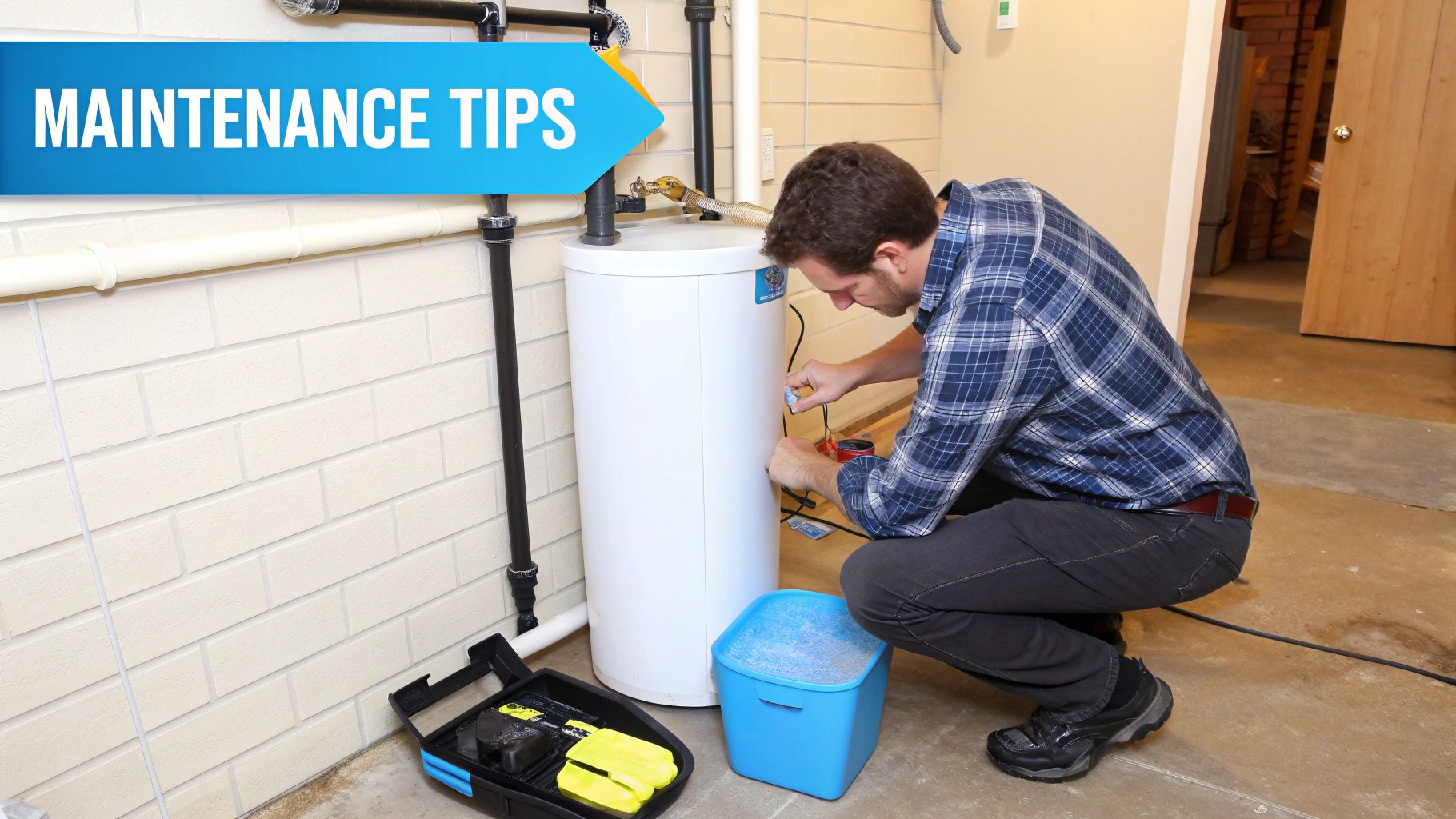 A man performing maintenance on a white water heater in a utility room with tools and a bucket.