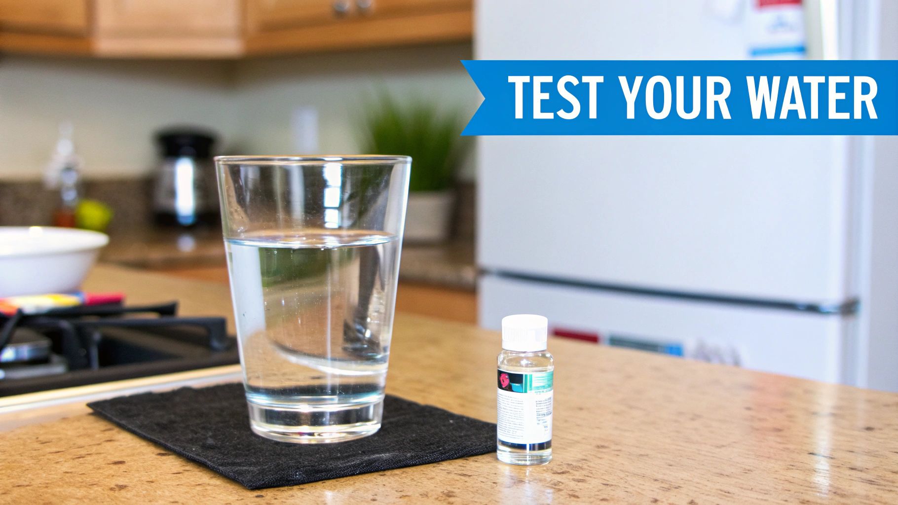 A glass of clear water and a small water testing bottle on a kitchen counter with a 'TEST YOUR WATER' banner.
