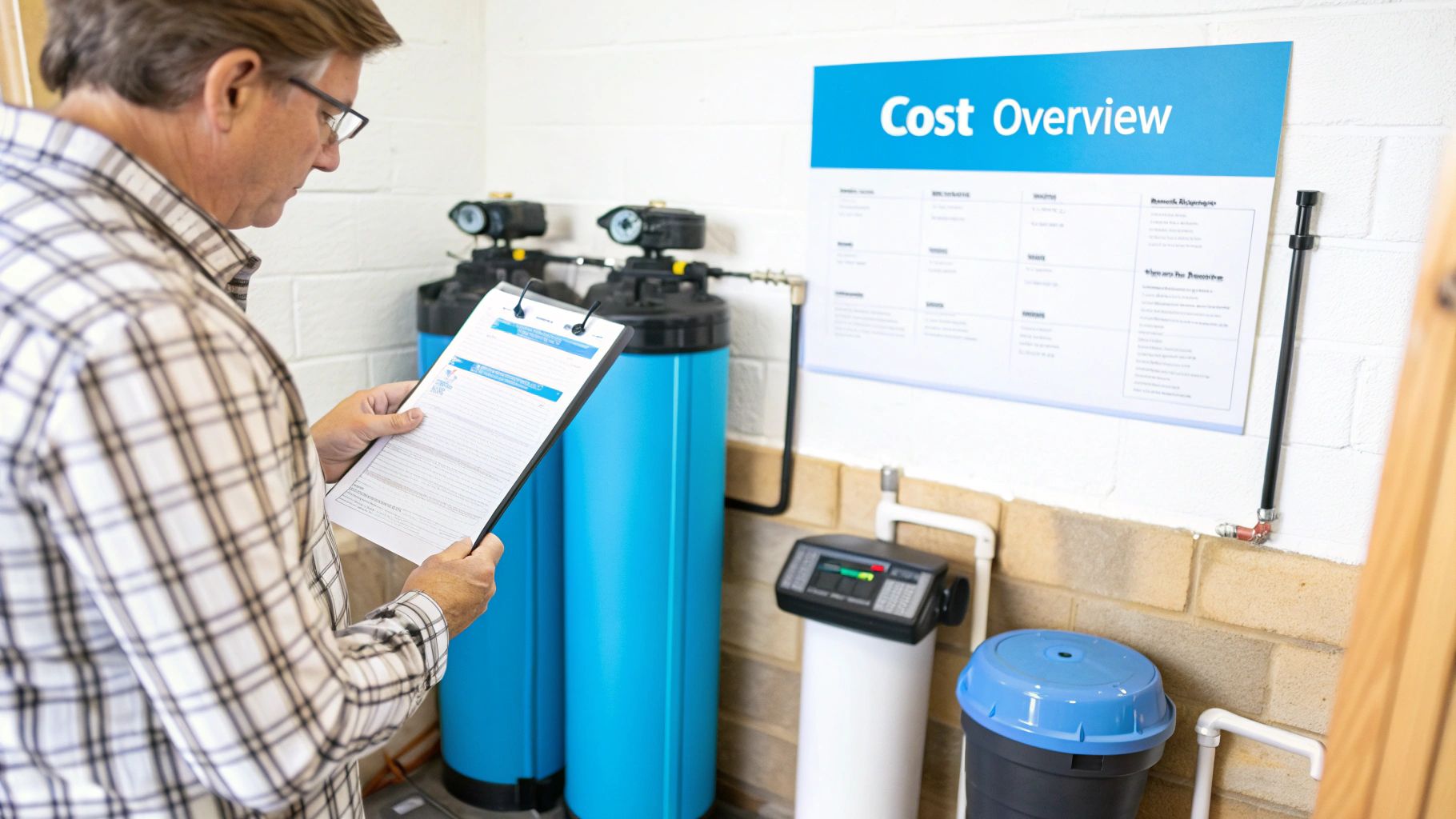 Man in plaid shirt reviewing documents near whole house water filters and a 'Cost Overview' sign.