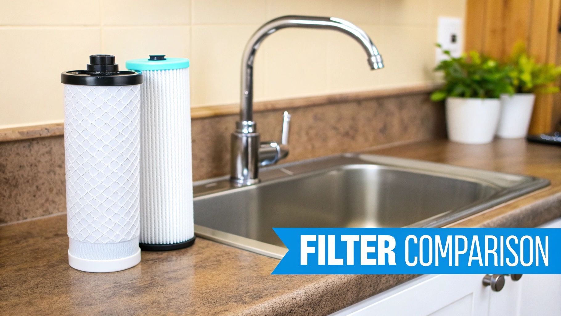 Side-by-side comparison of two different white water filter cartridges on a kitchen counter.