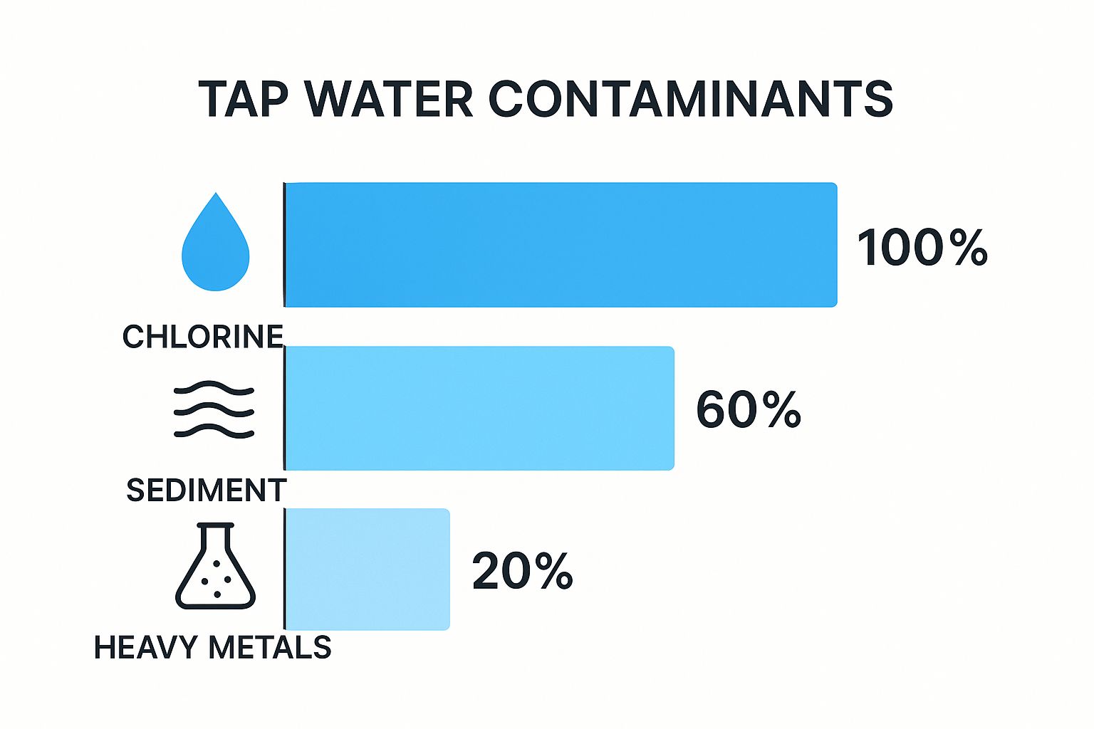 Infographic showing the prevalence of common tap water contaminants with bars for Chlorine (100%), Sediment (60%), and Heavy Metals (20%).