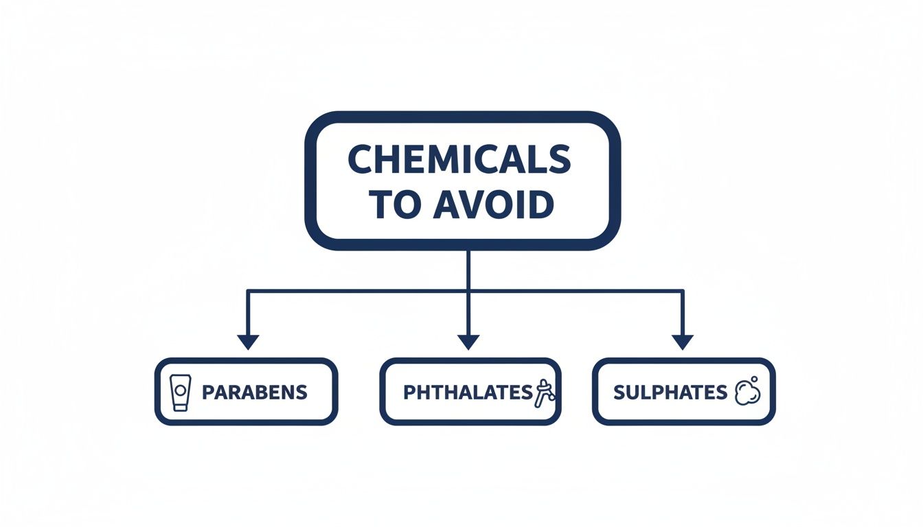 A flowchart diagram illustrating chemicals to avoid, including parabens, phthalates, and sulphates.
