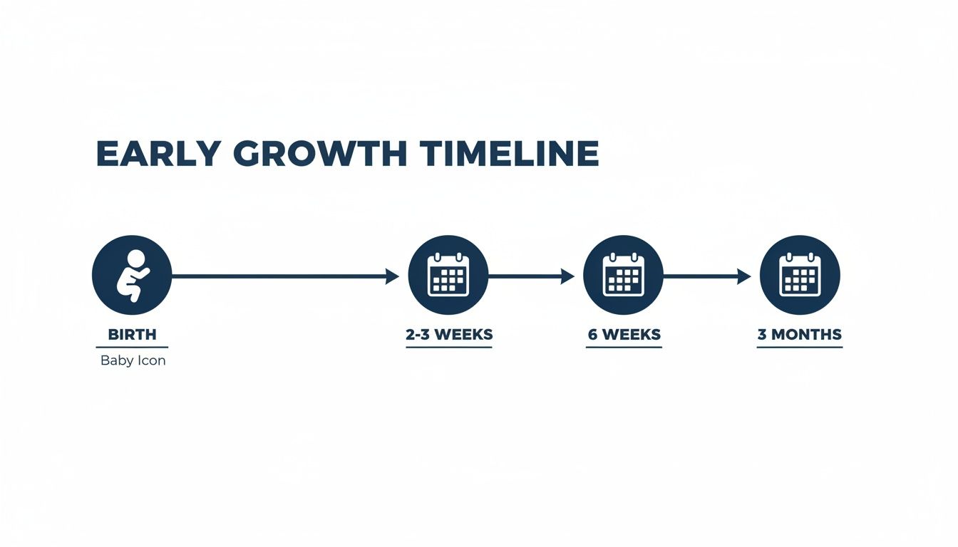 A simple timeline illustrating early baby growth stages from birth to 3 months with icons.