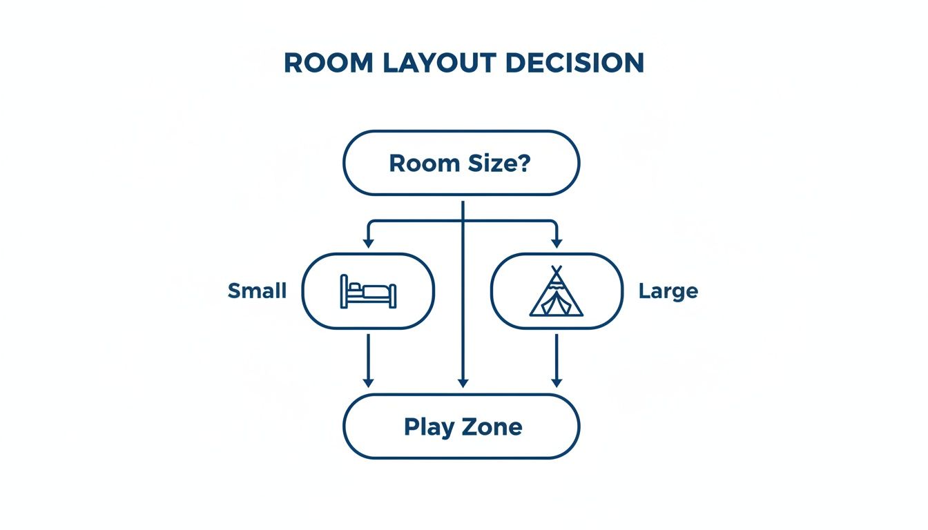 Flowchart showing room layout decisions based on room size, leading to a bed for small rooms, a tent for large rooms, and ultimately a play zone.