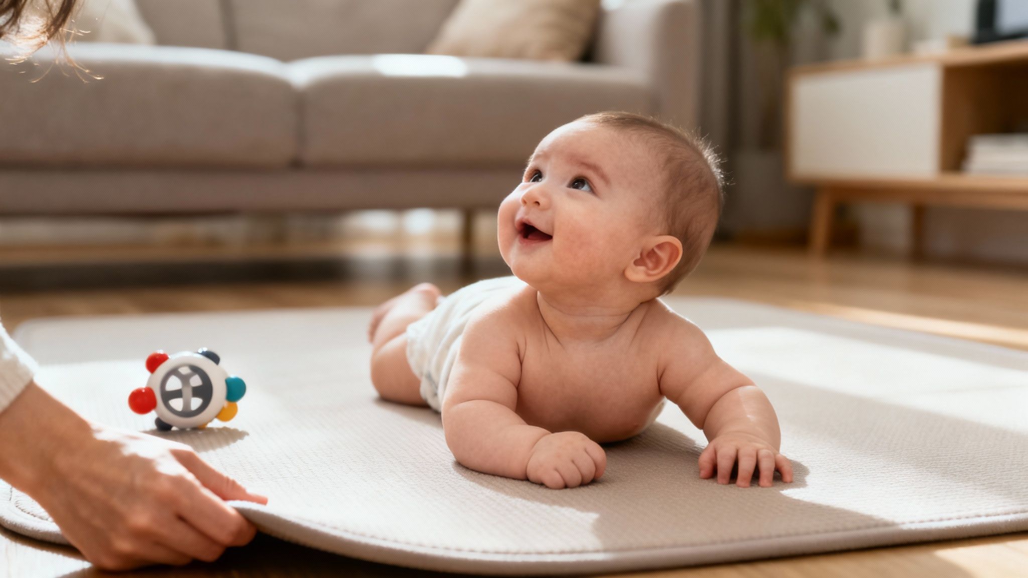 A happy infant doing tummy time on a soft, neutral-coloured play mat.