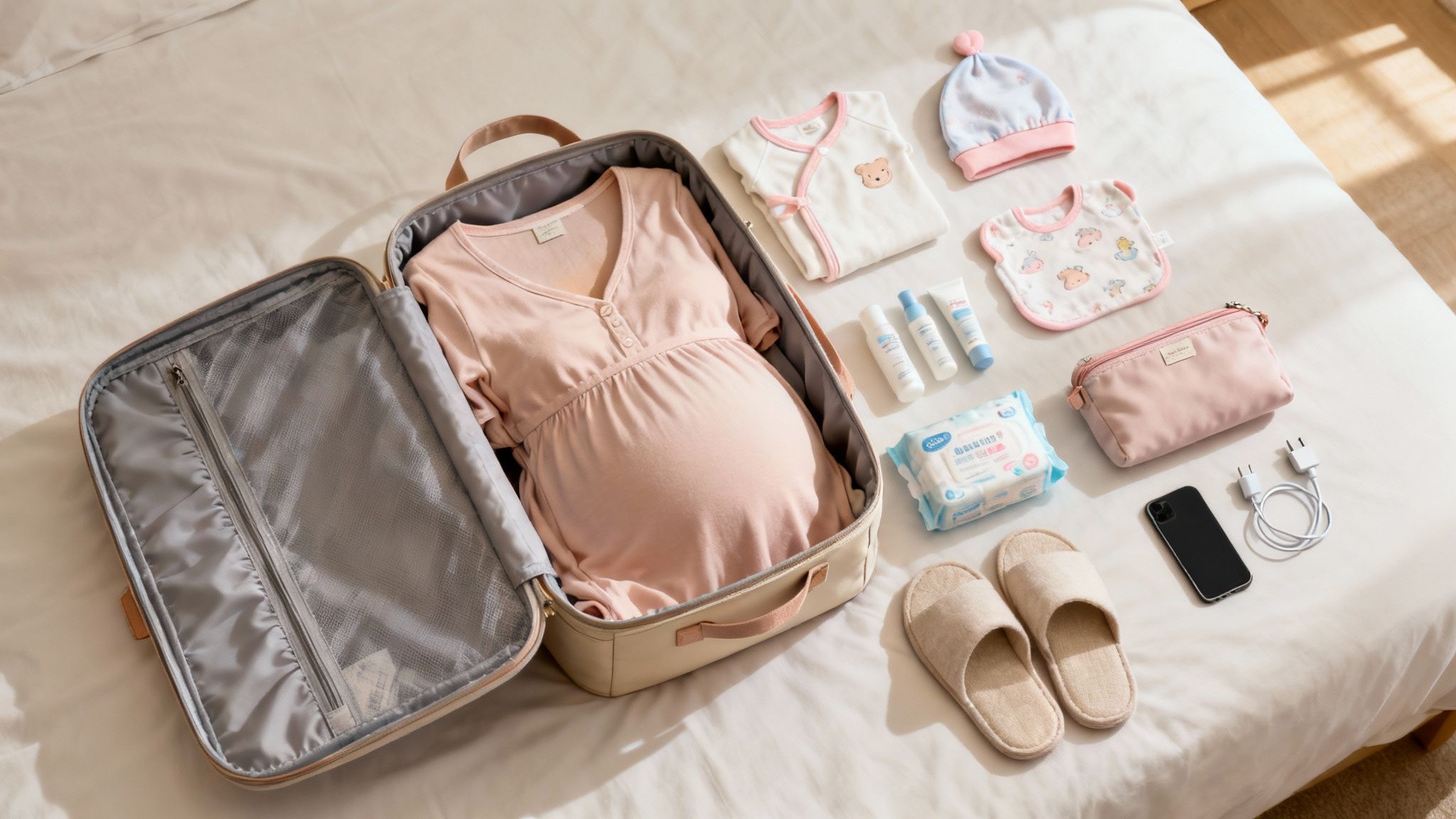 A neatly packed hospital bag with baby clothes and essentials ready for the hospital.