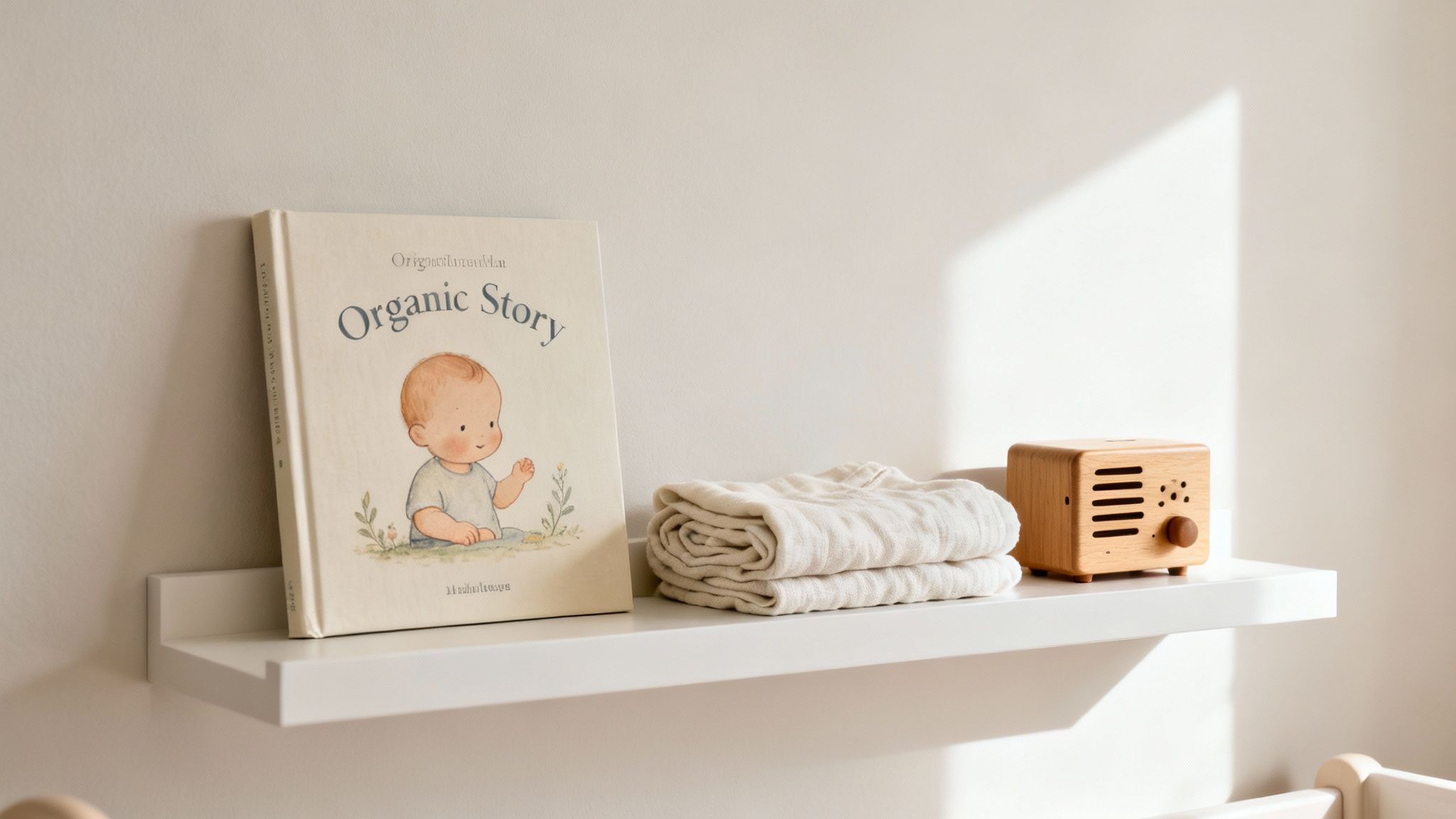 A white shelf displaying a baby book 'Organic Story', two folded linen blankets, and a wooden music box.