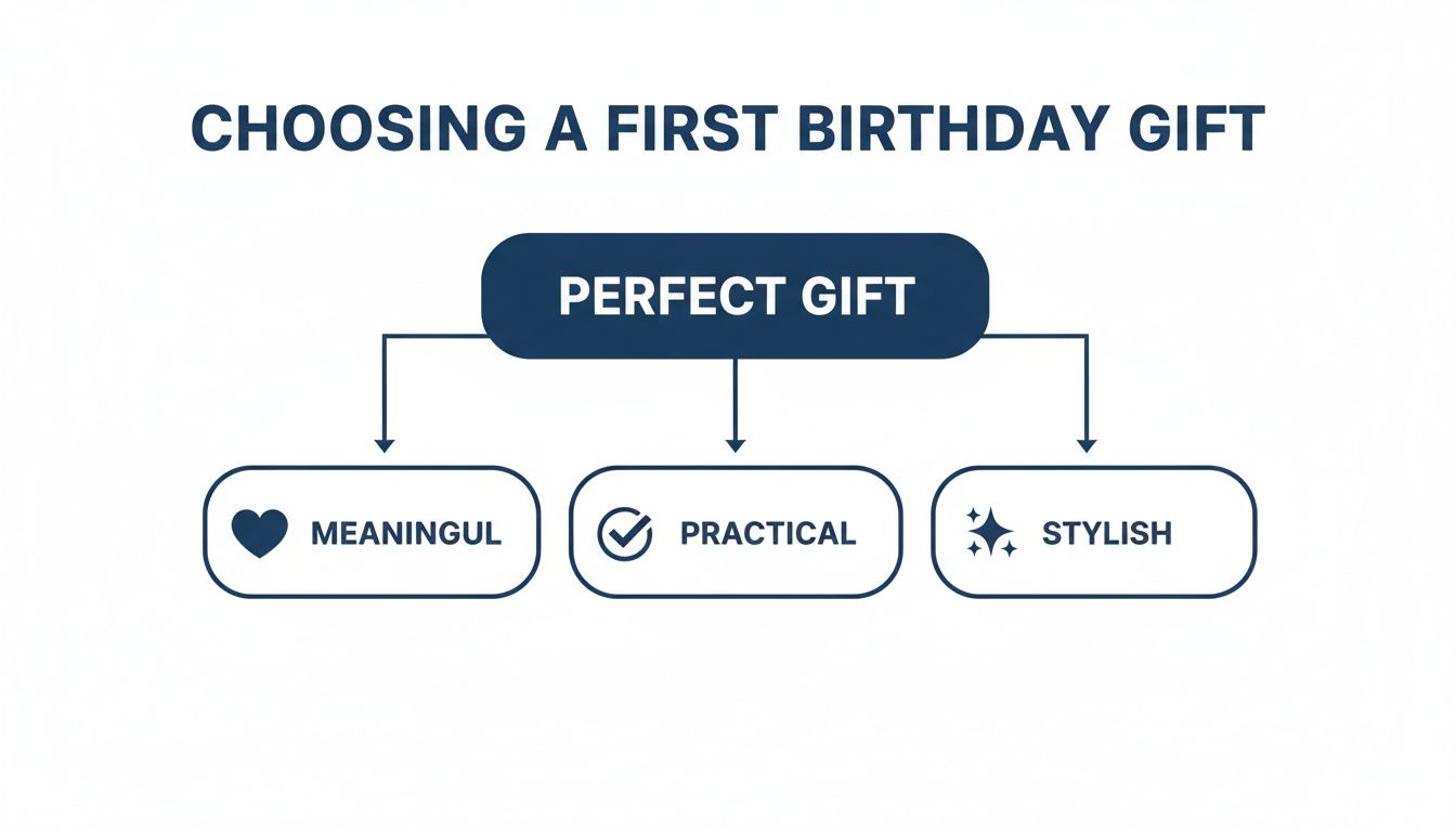 Flowchart showing criteria for choosing a perfect first birthday gift: meaningful, practical, and stylish.