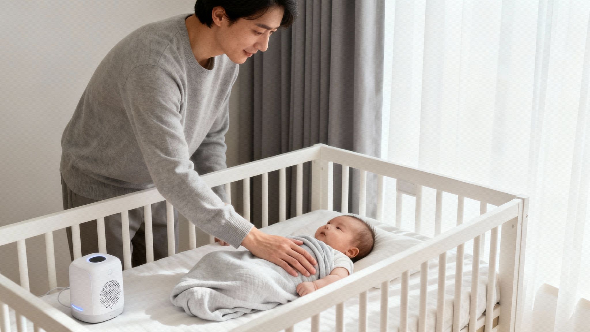 A baby being gently soothed in a dark nursery with soft lighting.