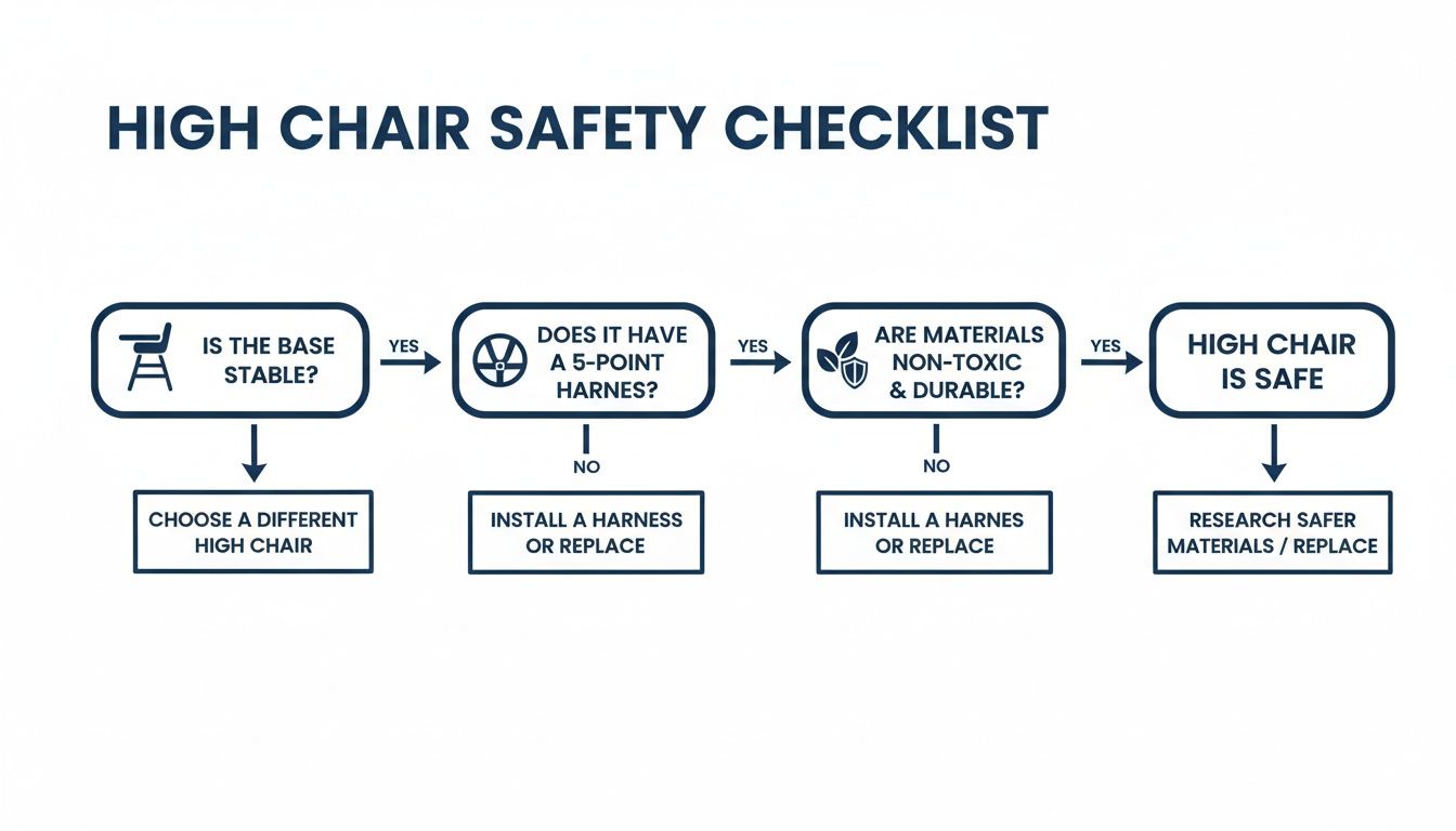 A flowchart outlining a high chair safety checklist, assessing stability, 5-point harness, and non-toxic materials.