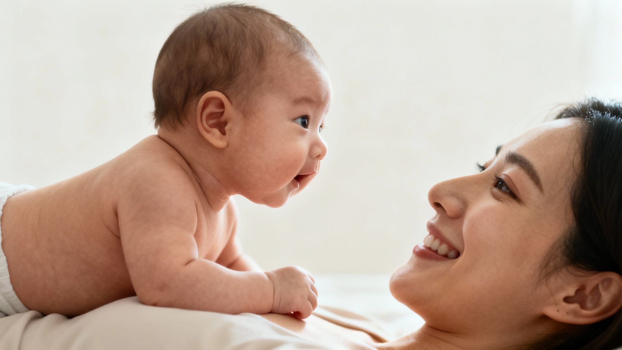 A happy mother smiles at her baby lying on her chest during tummy time.