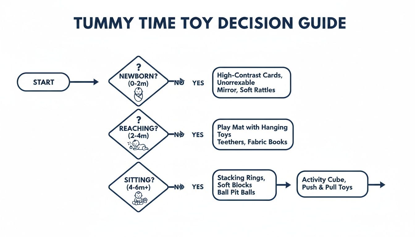 A flowchart decision guide recommending tummy time toys based on baby's developmental stages.