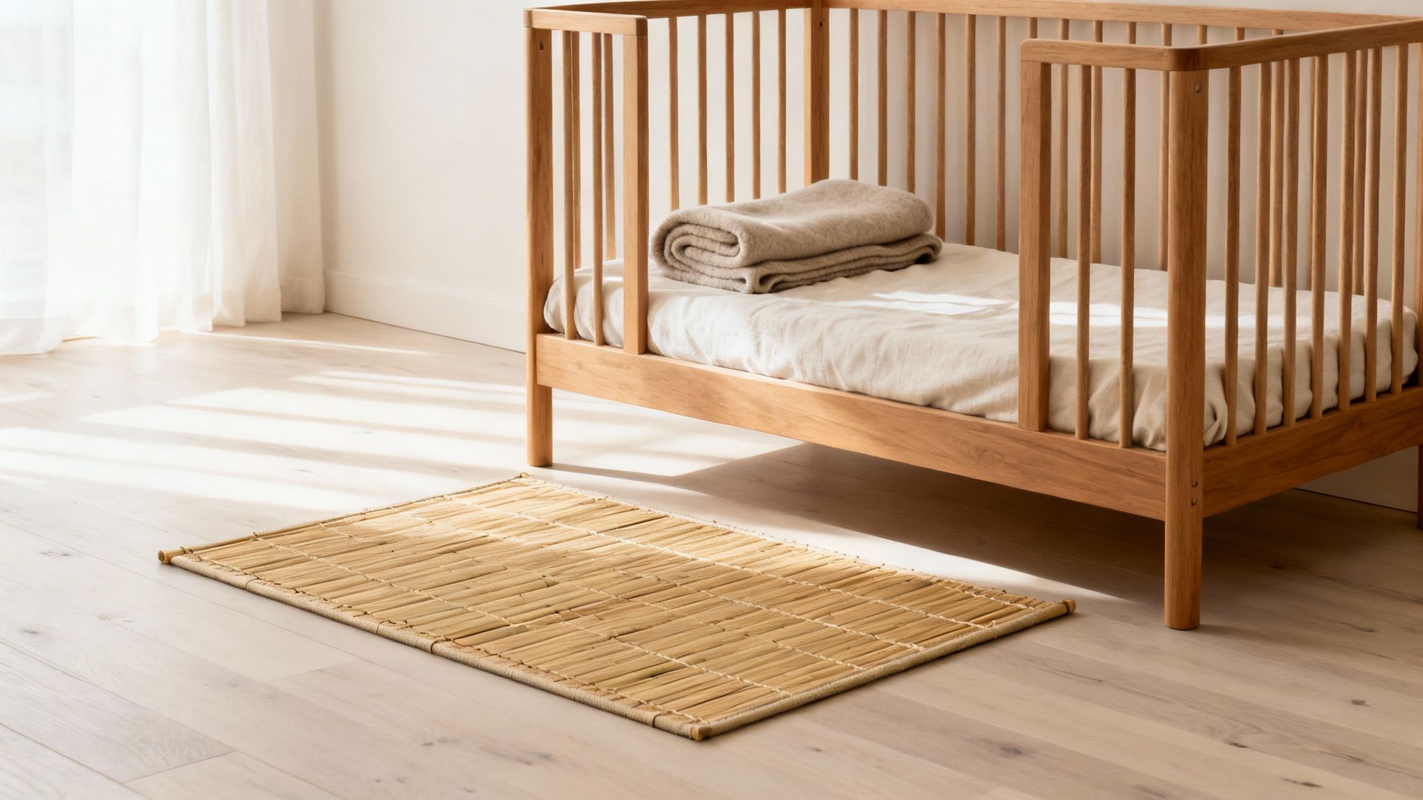 A minimalist nursery with a light wood crib, soft bedding, a beige blanket, and a bamboo mat.