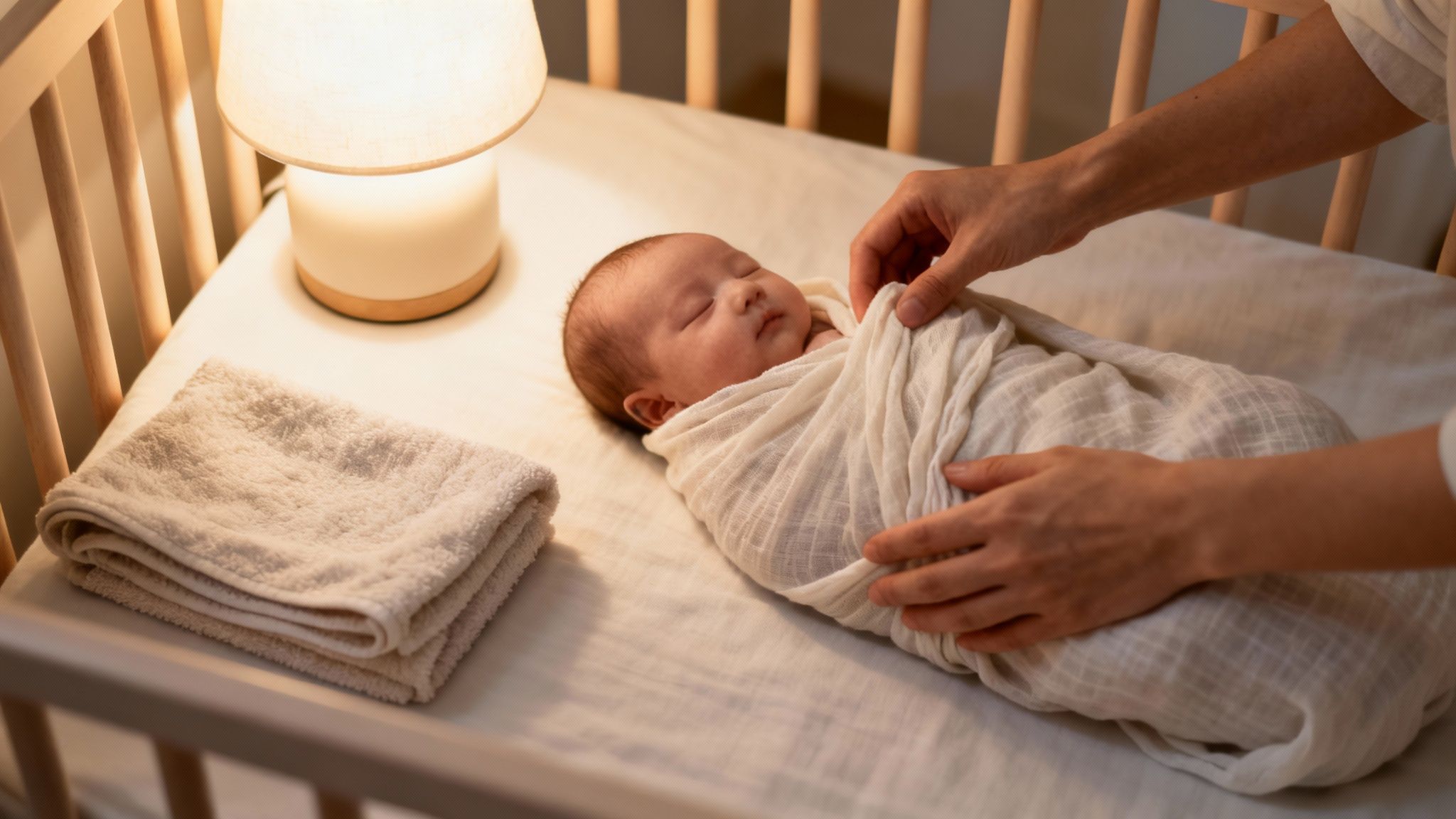 Hands lovingly adjust a sleeping newborn baby swaddled in a cozy crib under soft lamplight.