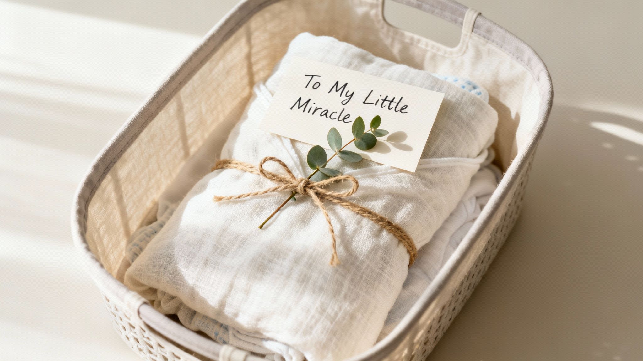 A beautiful baby gift basket with white items, a 'To My Little Miracle' card, and eucalyptus.