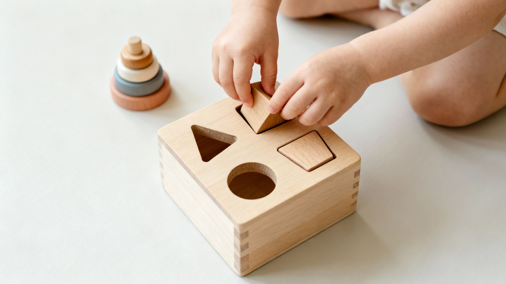 A toddler's hands playing with a wooden shape sorter and a stacking toy on a light surface.