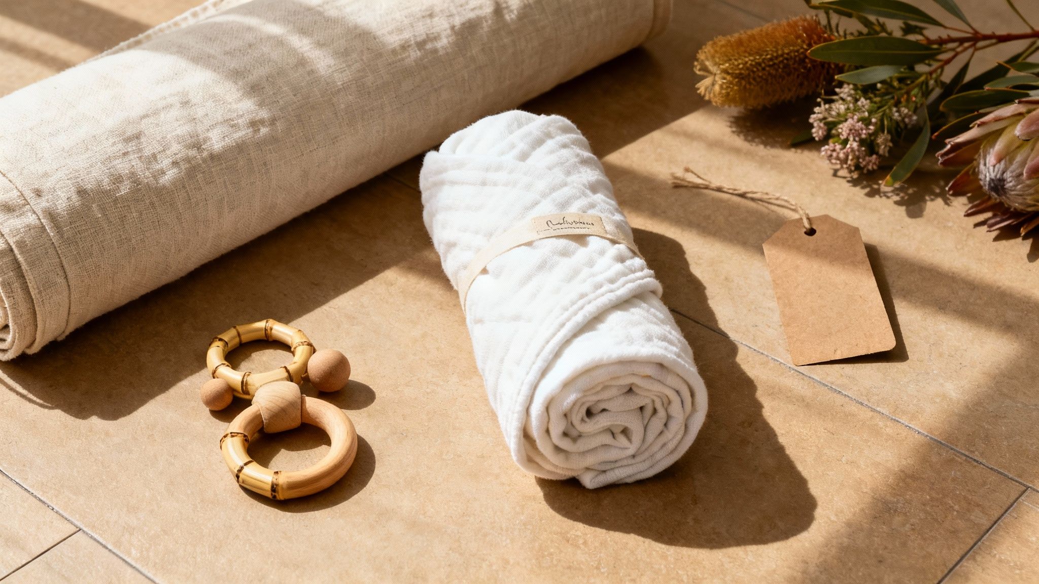 A neutral-toned linen play mat in a modern nursery setting.