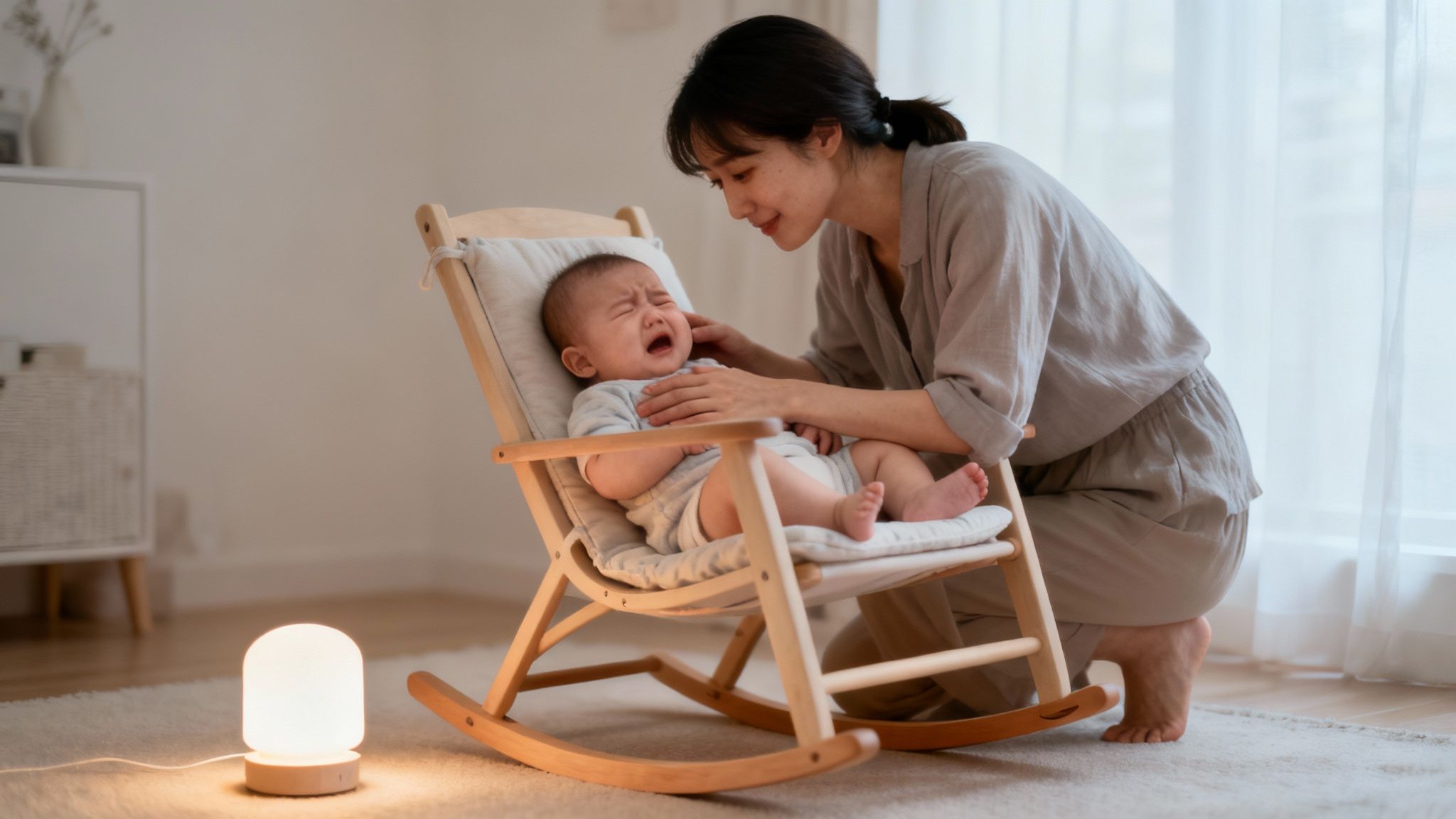 A concerned parent looking at their baby in a cot during the night.
