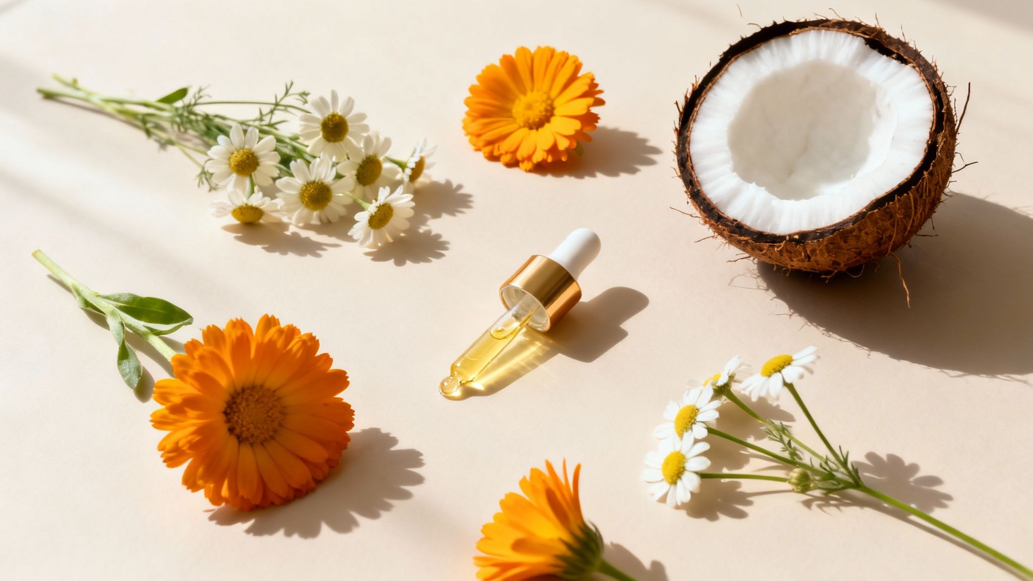Dropper bottle with natural oil, calendula and chamomile flowers, and a coconut half.