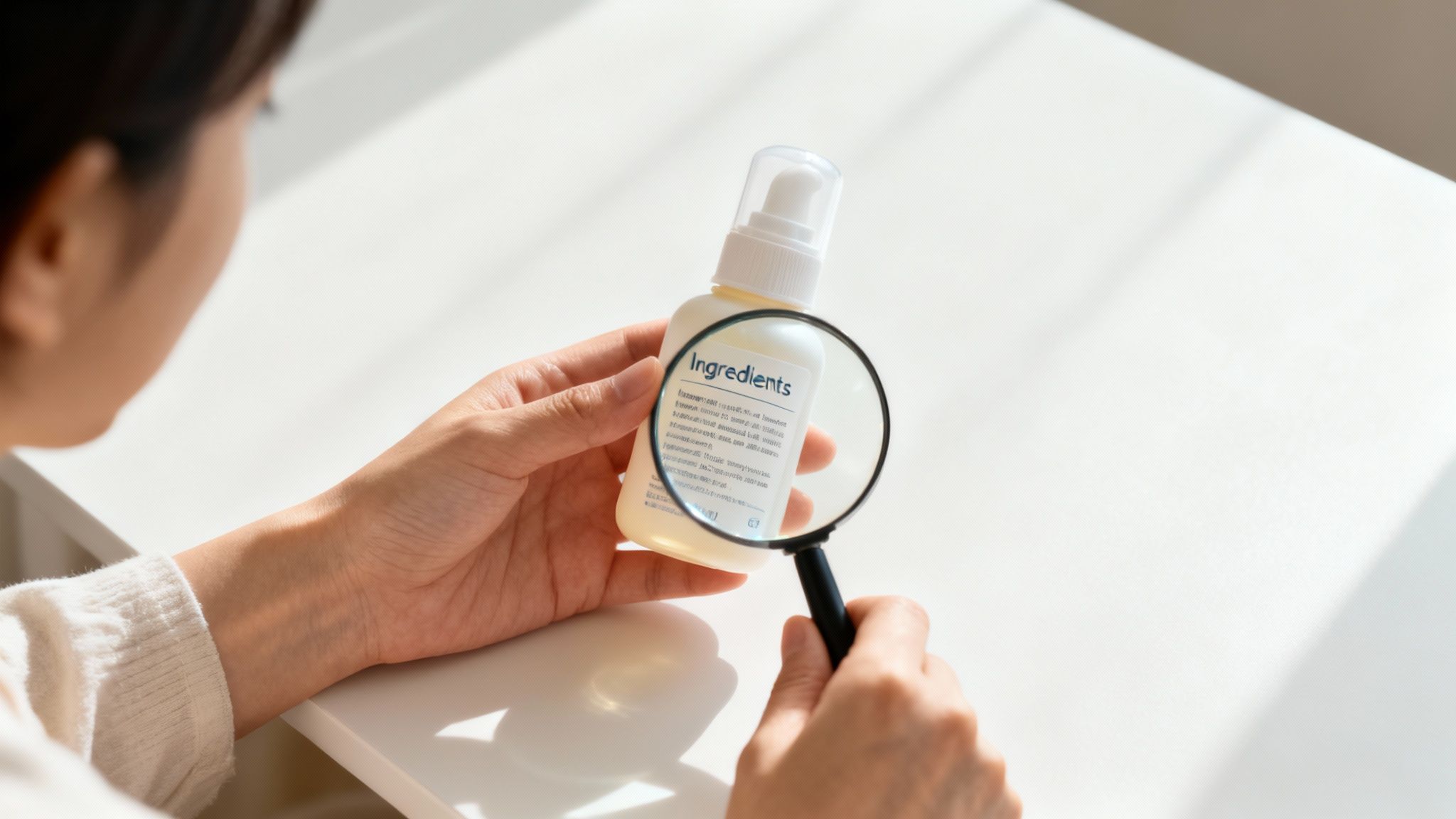 A person uses a magnifying glass to carefully read the ingredients list on a product bottle.