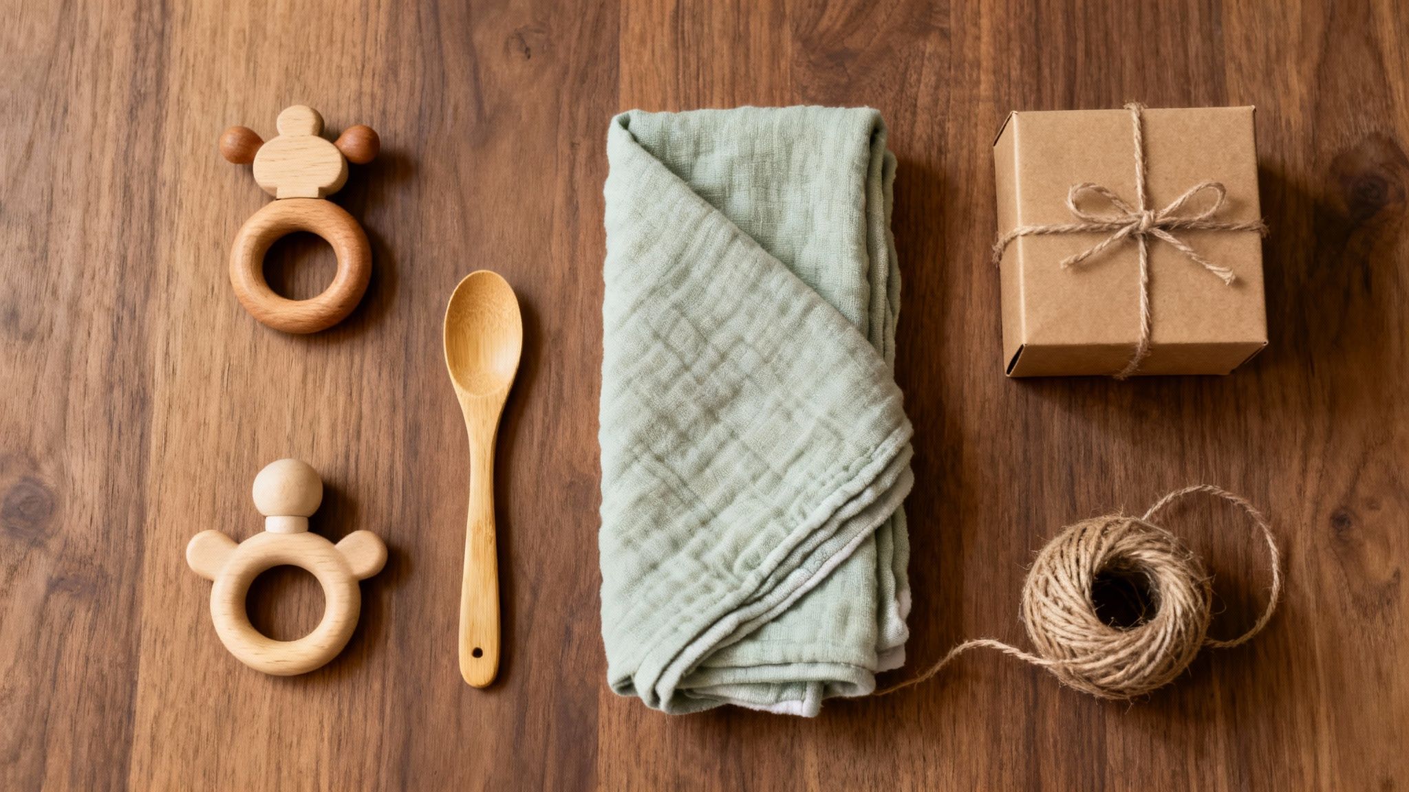 An assortment of natural wooden baby toys on a soft surface.