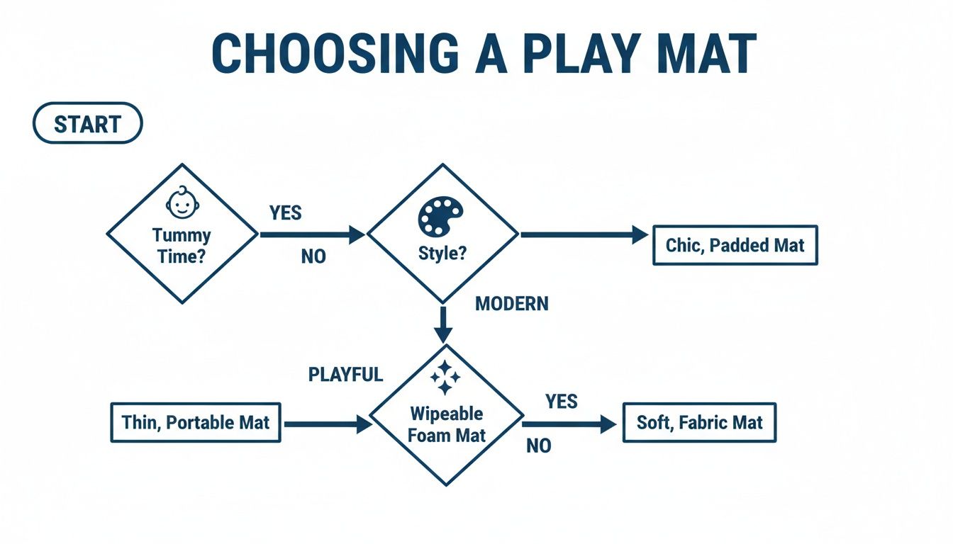 Flowchart guiding the selection of a play mat based on needs like tummy time and style.