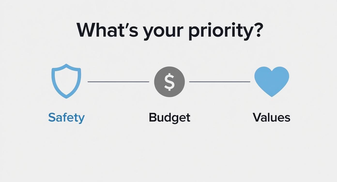 Graphic asking 'What's your priority?' showing Safety (shield), Budget (dollar), and Values (heart) options.