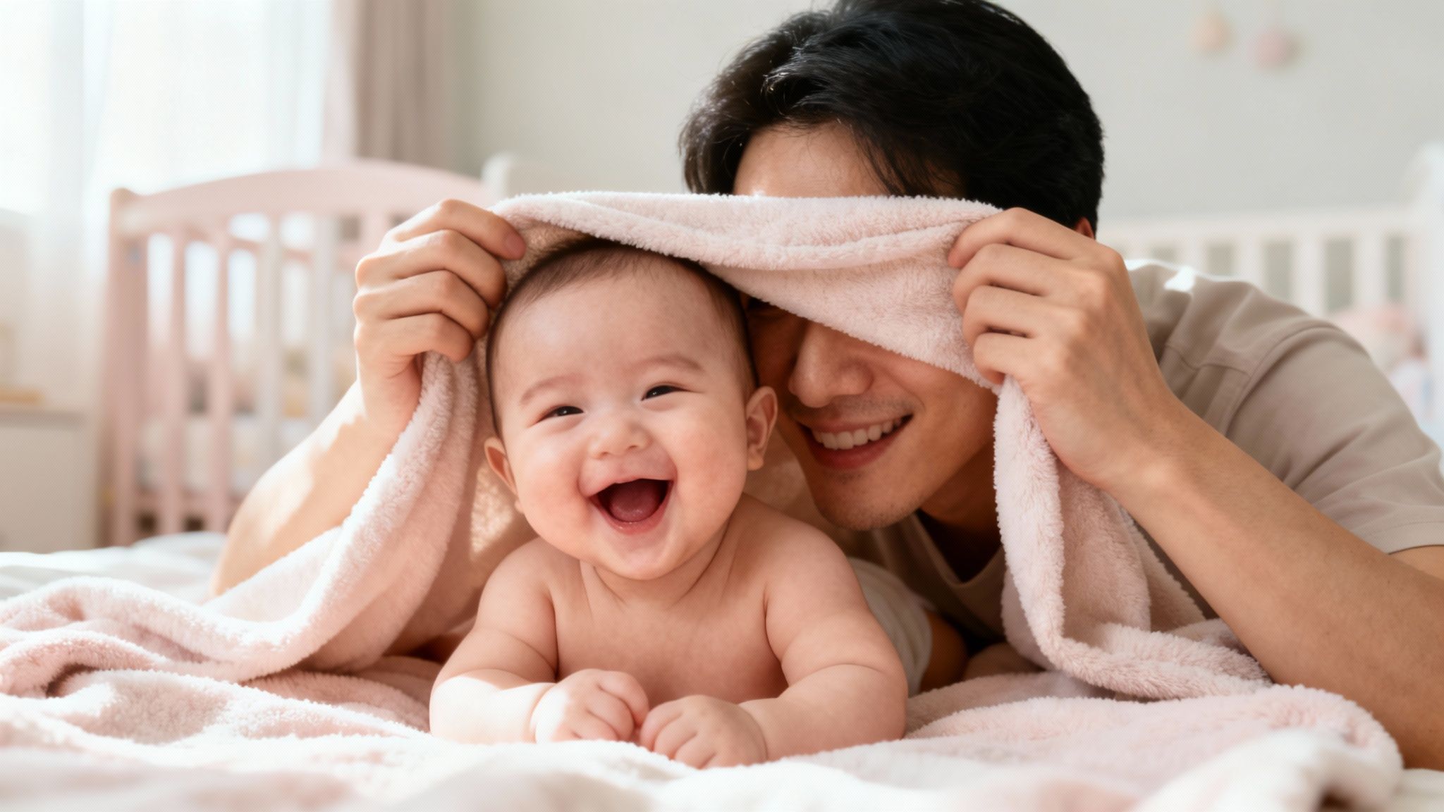 A smiling father plays peek-a-boo with his laughing baby under a soft pink blanket.
