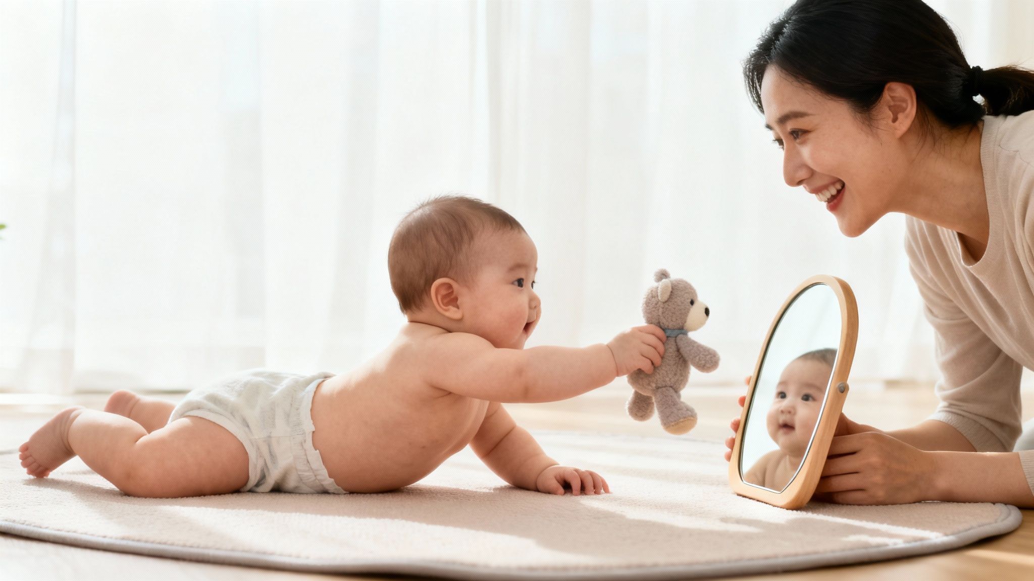 A happy baby on its tummy reaches for a teddy bear while a smiling mother holds a mirror.