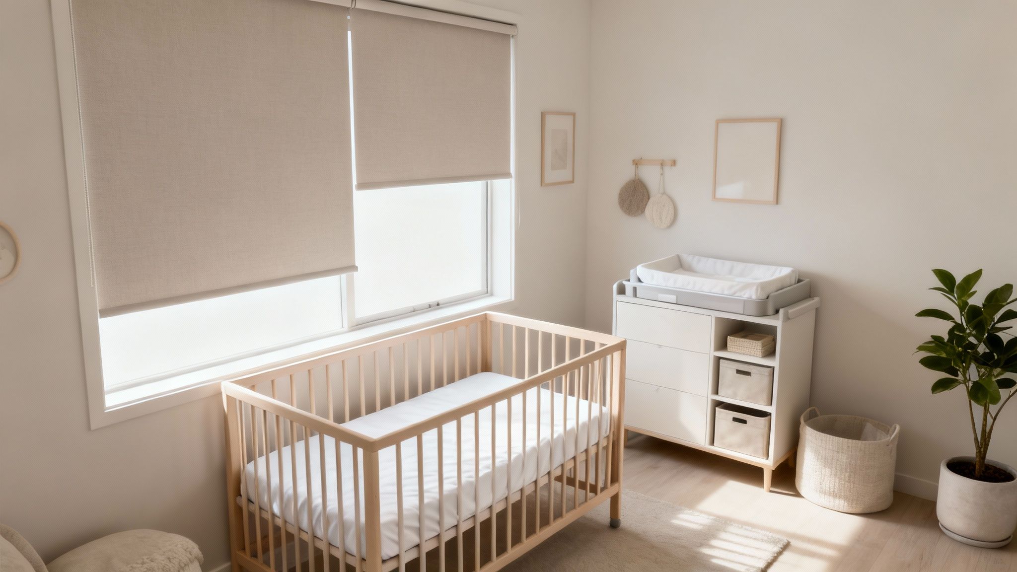 A bright and minimalist baby nursery with a wooden crib, changing table, and large window.