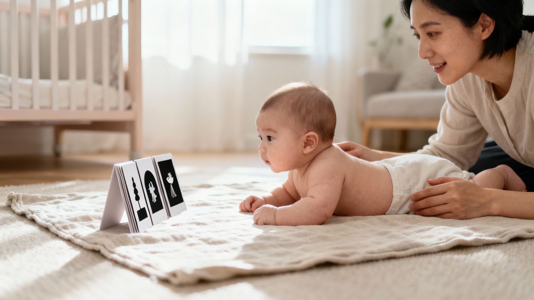 A happy mother smiles at her baby doing tummy time, looking at black and white contrast cards.