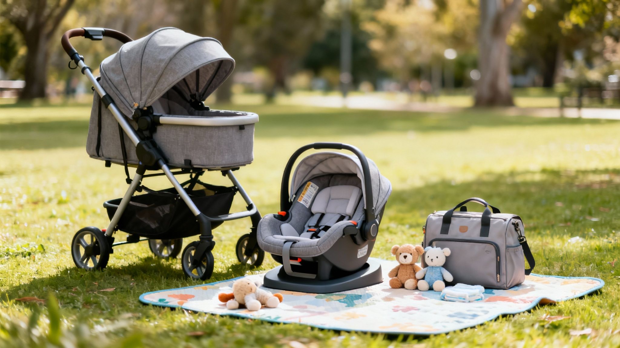 A grey baby stroller, car seat, diaper bag, and toys displayed on a colorful mat in a sunny park.