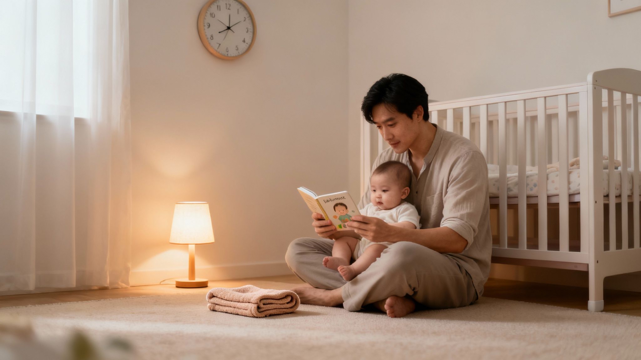 A father reads a storybook to his baby in a cozy, softly lit nursery with a crib.