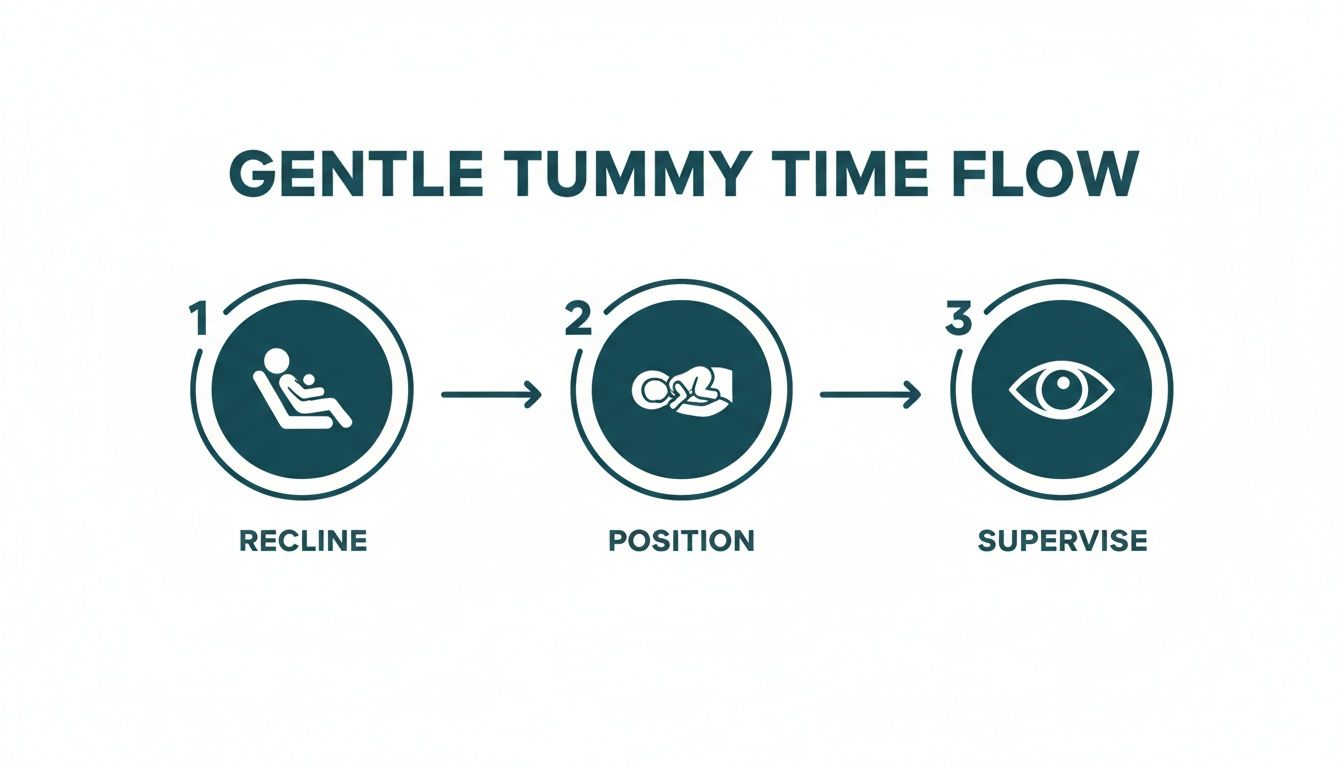A diagram illustrates three steps for gentle tummy time: recline, position, and supervise.