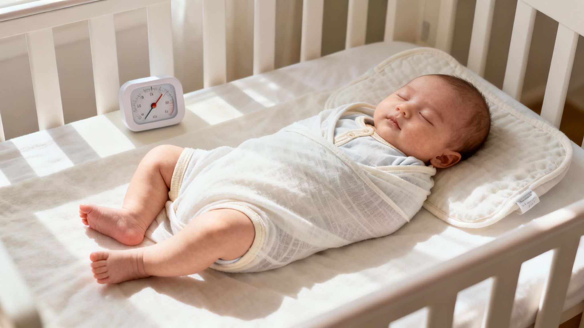 A peaceful newborn baby sleeps swaddled in a white blanket within a crib, next to a white alarm clock.